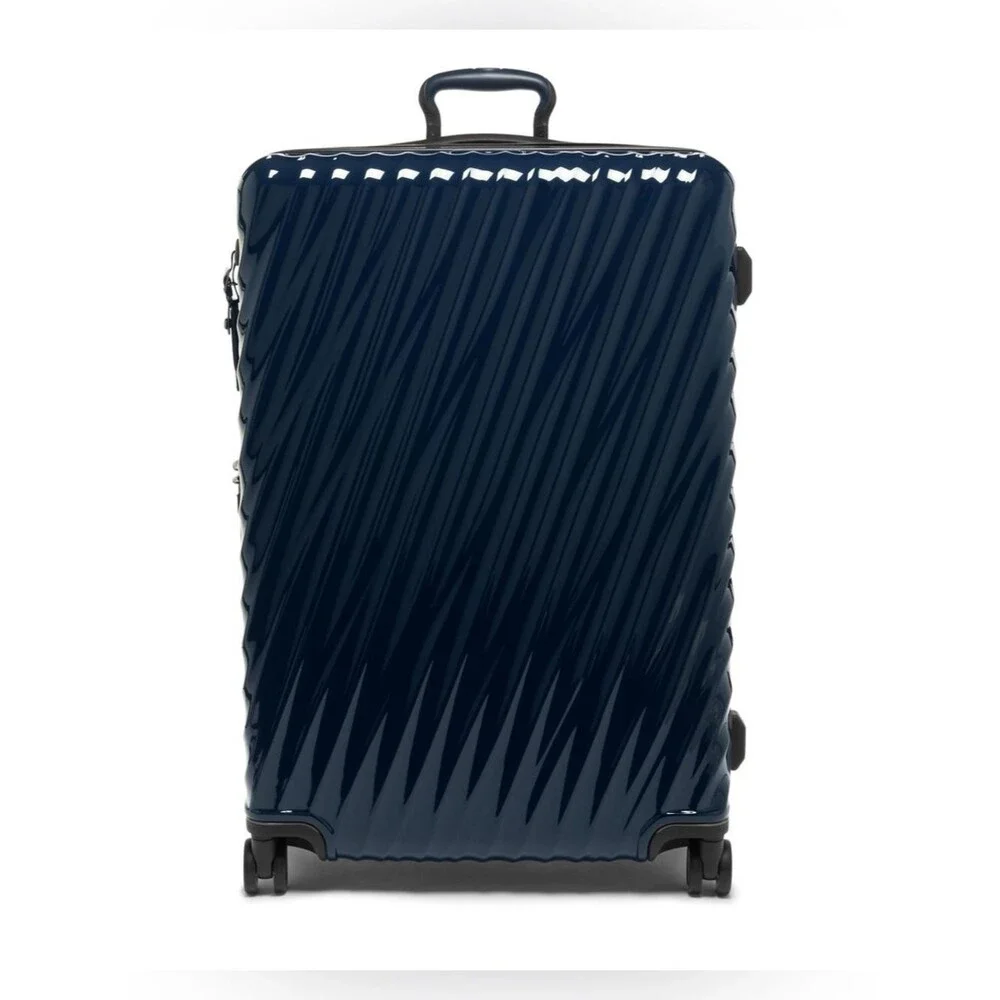 Tumi Large Expandable Checked Glossy Navy Hard-Shell Spinner Luggage suitcase